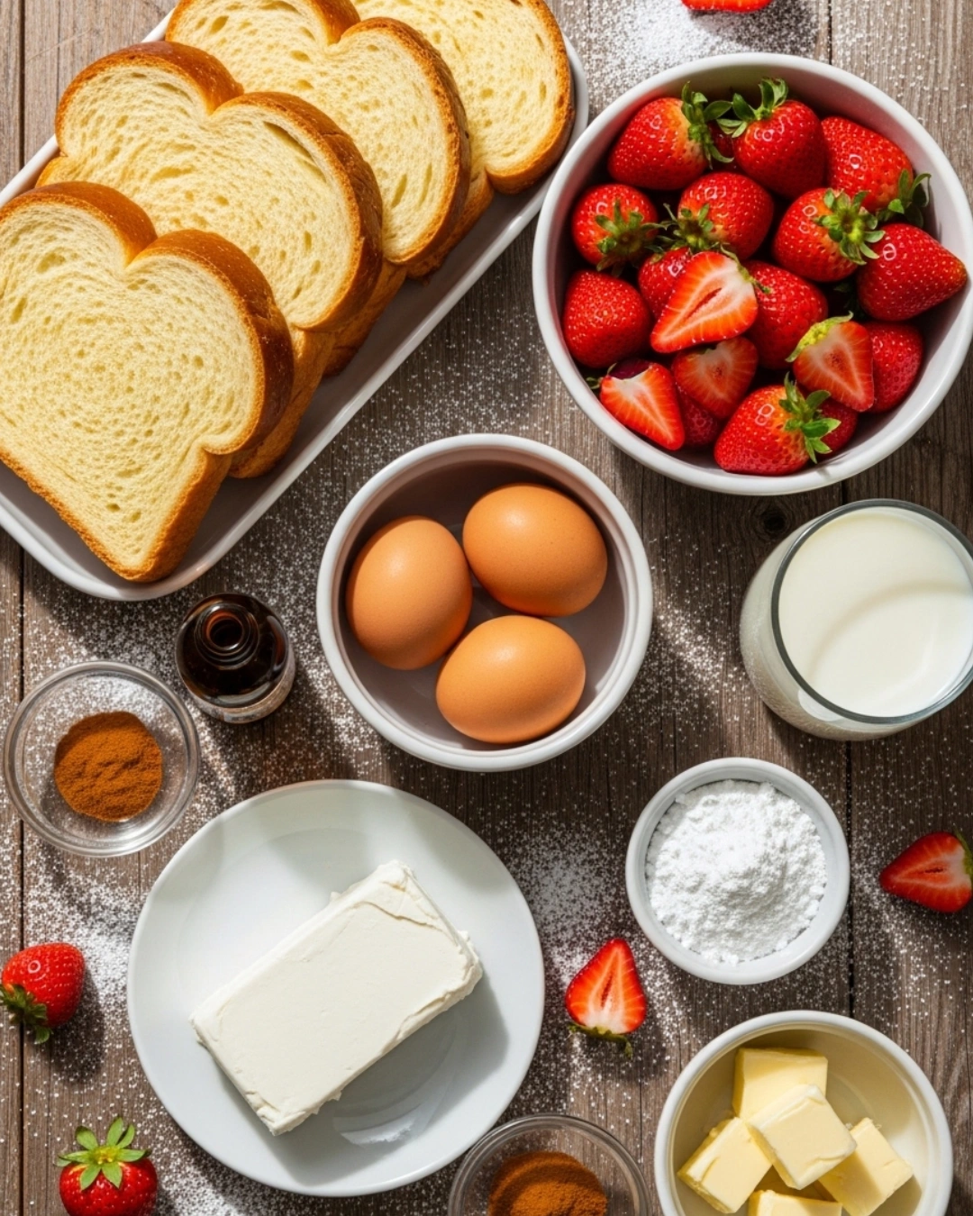Ingredients for Strawberry Cream Cheese French Toast including brioche and fresh strawberries