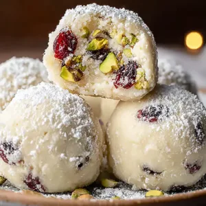 White chocolate cranberry pistachio truffles dusted with powdered sugar