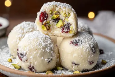 White chocolate cranberry pistachio truffles dusted with powdered sugar