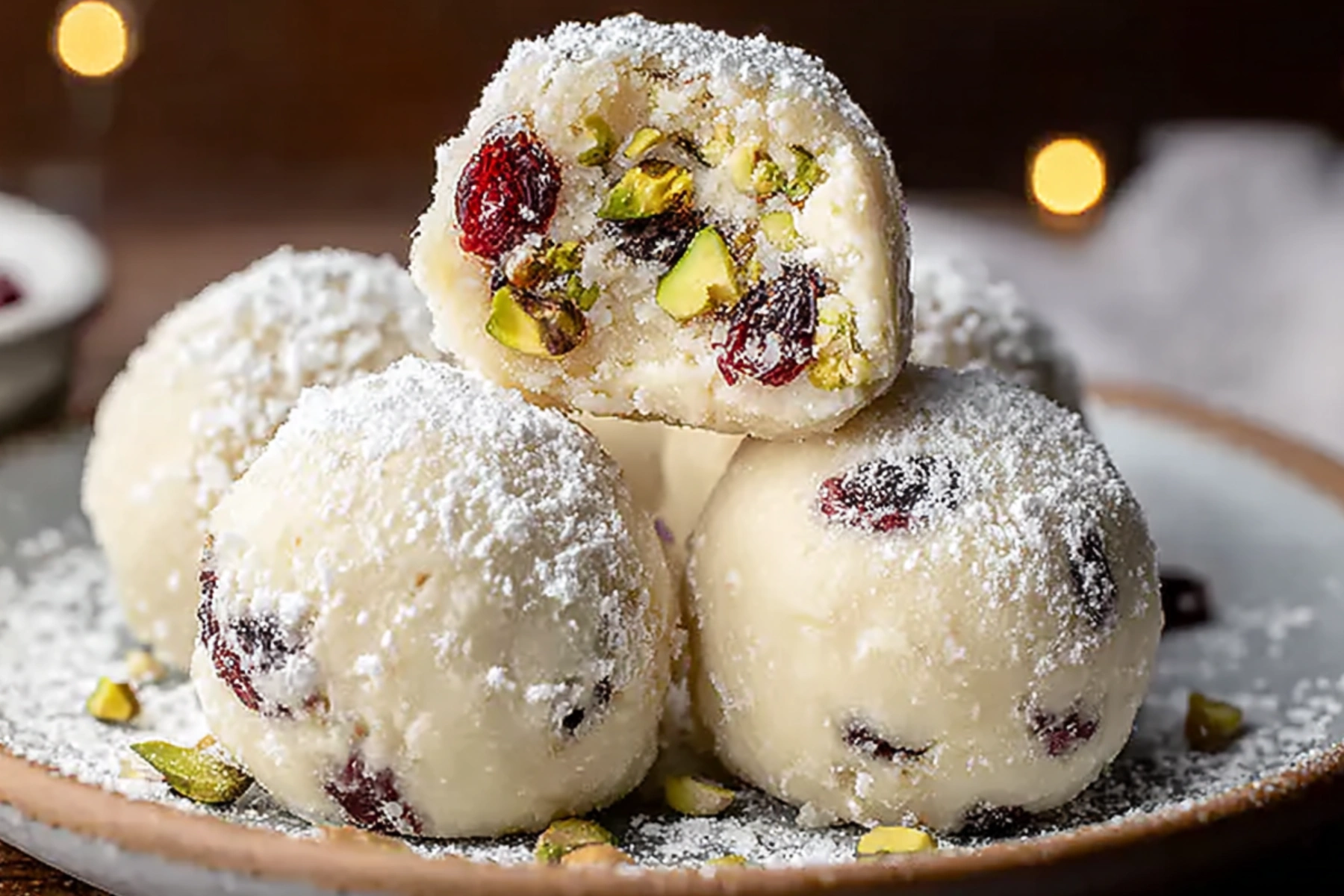 White Chocolate Cranberry Pistachio Truffles: Simple 30-Minute Treat 2 White chocolate cranberry pistachio truffles dusted with powdered sugar