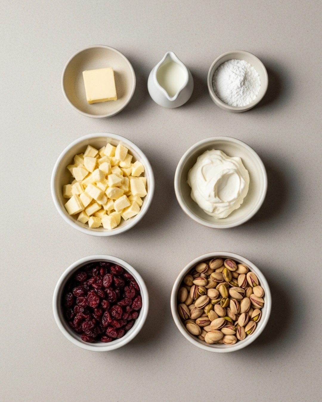 Ingredients for white chocolate cranberry pistachio truffles
