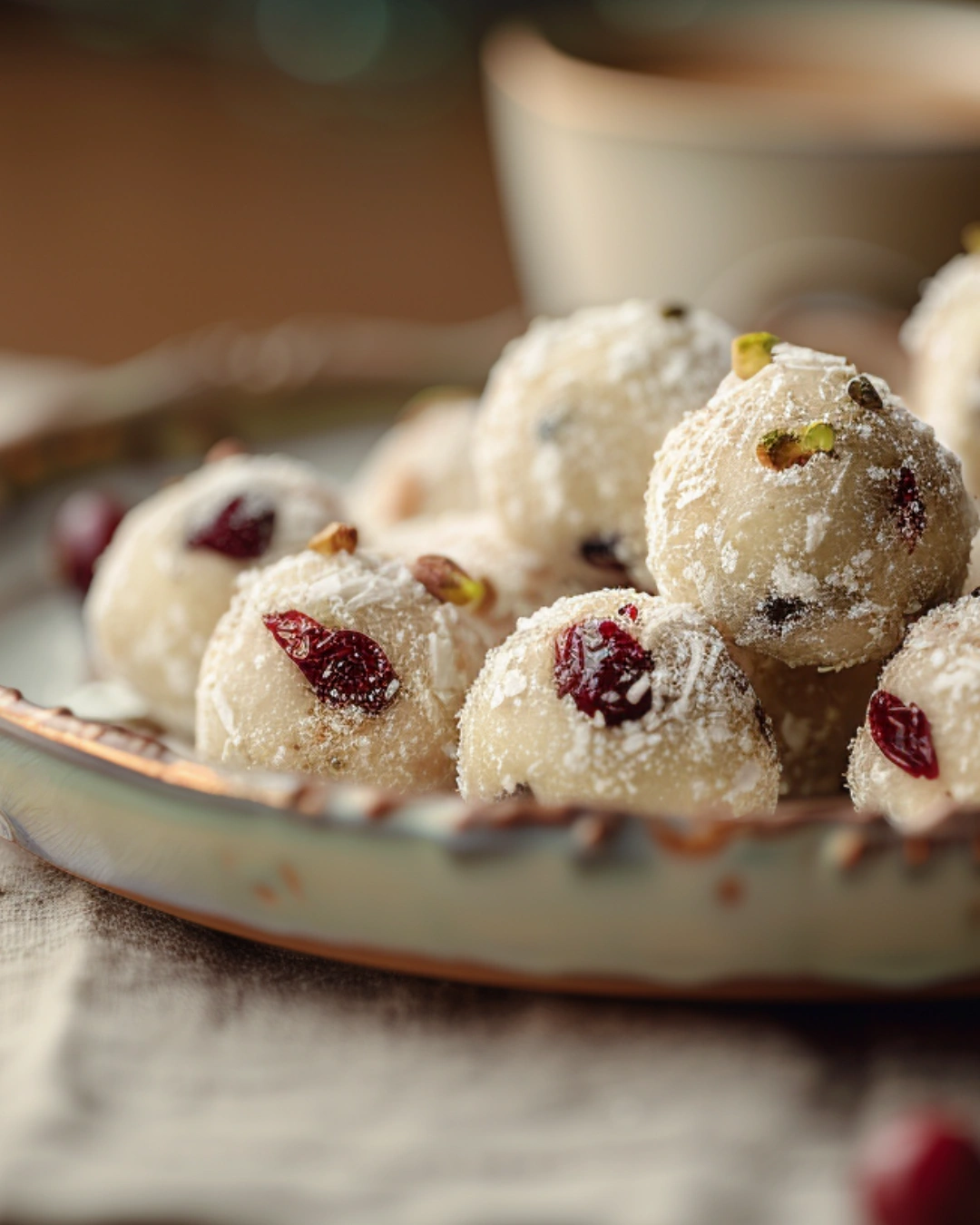 White chocolate cranberry pistachio truffles served for dessert