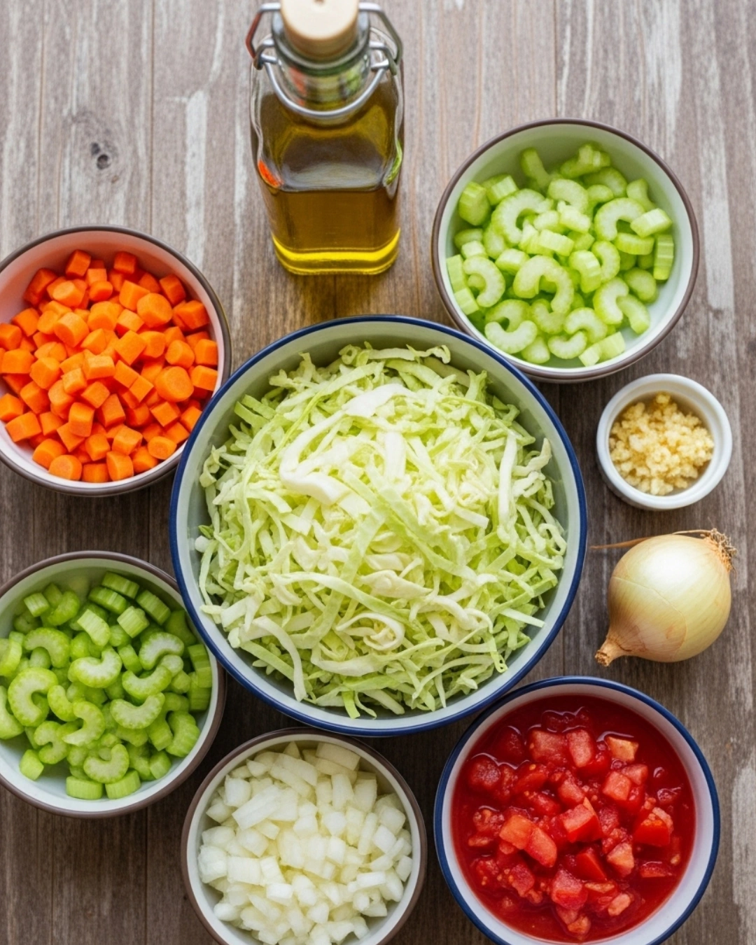Ingredients for cabbage soup diet recipe on wooden table