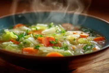 Cabbage soup diet recipe in rustic bowl with fresh vegetables