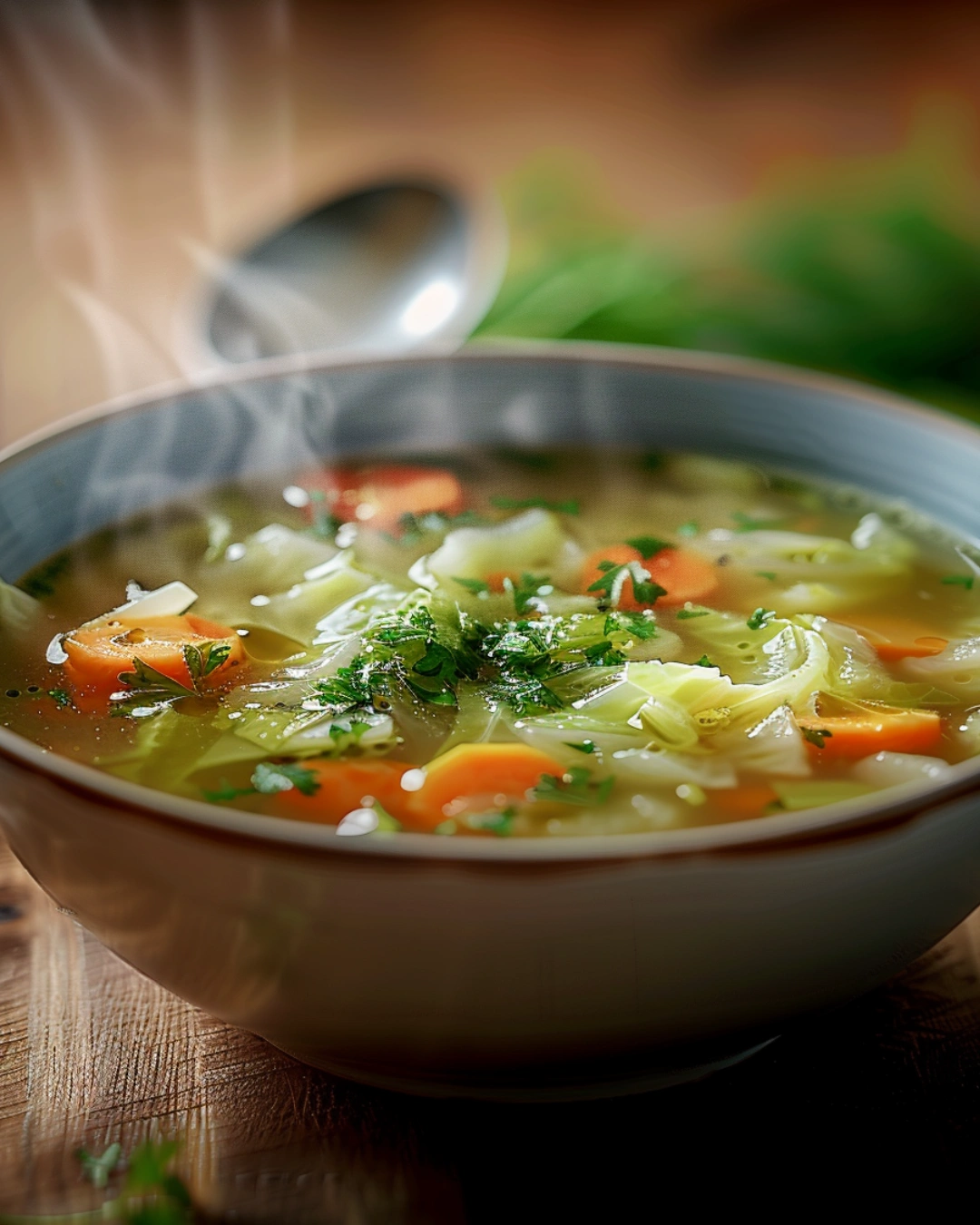 Serving cabbage soup diet meal in white bowl
