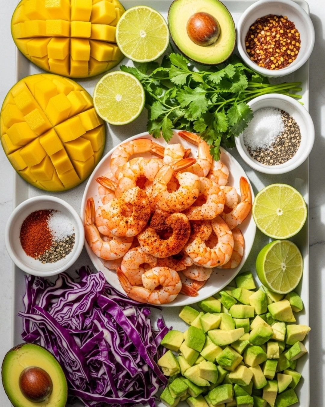 ingredients for chili lime shrimp bowls with mango avocado salsa