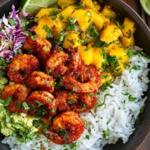 chili lime shrimp bowls with mango avocado salsa and rice