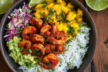 chili lime shrimp bowls with mango avocado salsa and rice