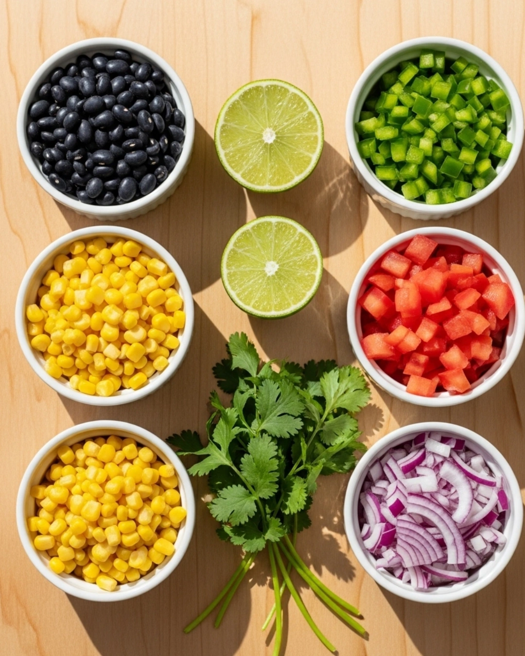 ingredients for cowboy caviar recipe with beans and vegetables
