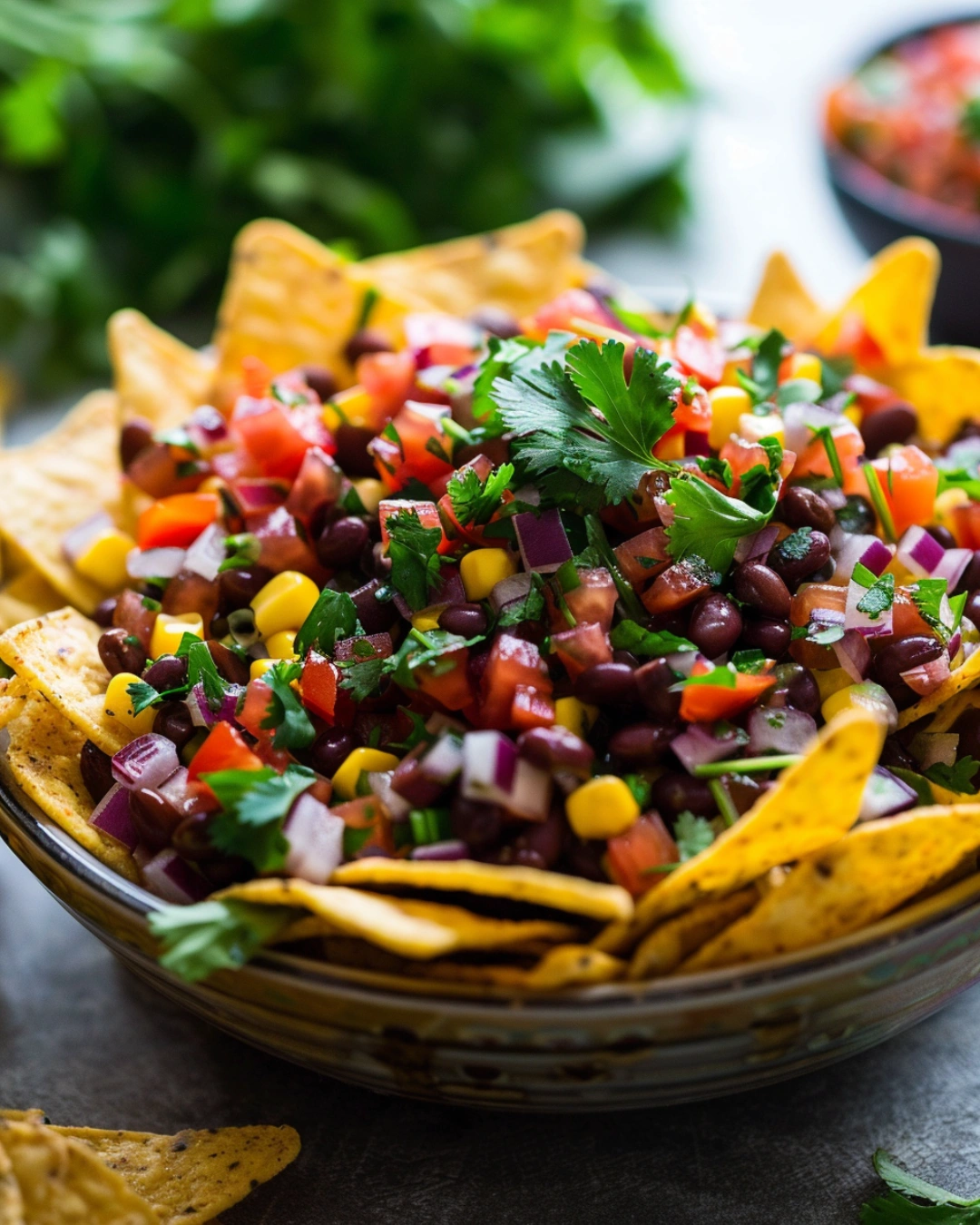 serving cowboy caviar with tortilla chips