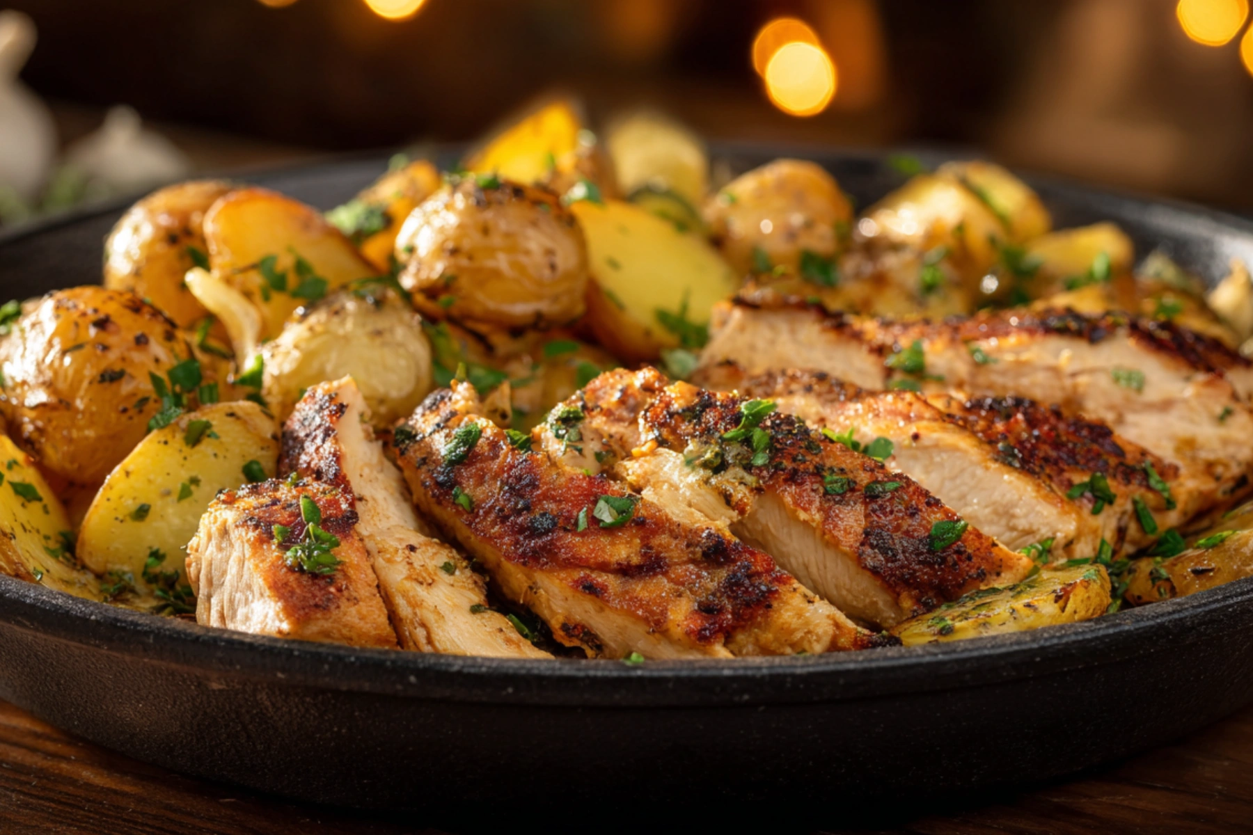 Garlic Butter Chicken & Potato Skillet with crispy potatoes