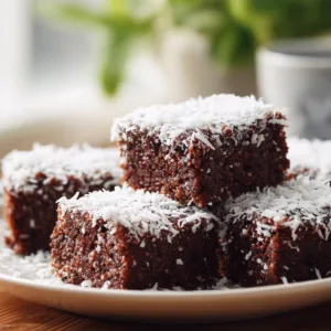 Healthy Chocolate Coconut Snack Cake Gluten Free sliced and topped with shredded coconut