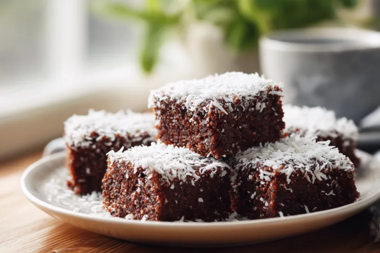 Healthy Chocolate Coconut Snack Cake Gluten Free sliced and topped with shredded coconut