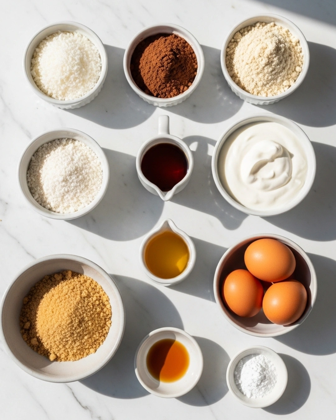 Ingredients for healthy chocolate coconut snack cake gluten free including almond flour and cocoa