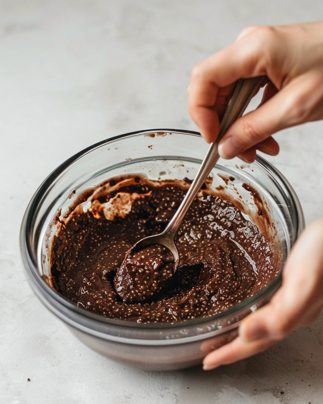 Mixing peanut butter chocolate chia pudding ingredients