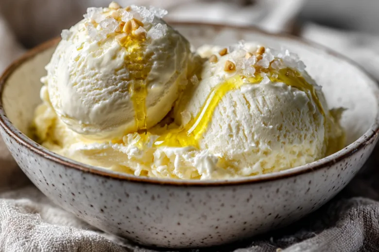 Olive Oil Ice Cream with golden olive oil drizzle