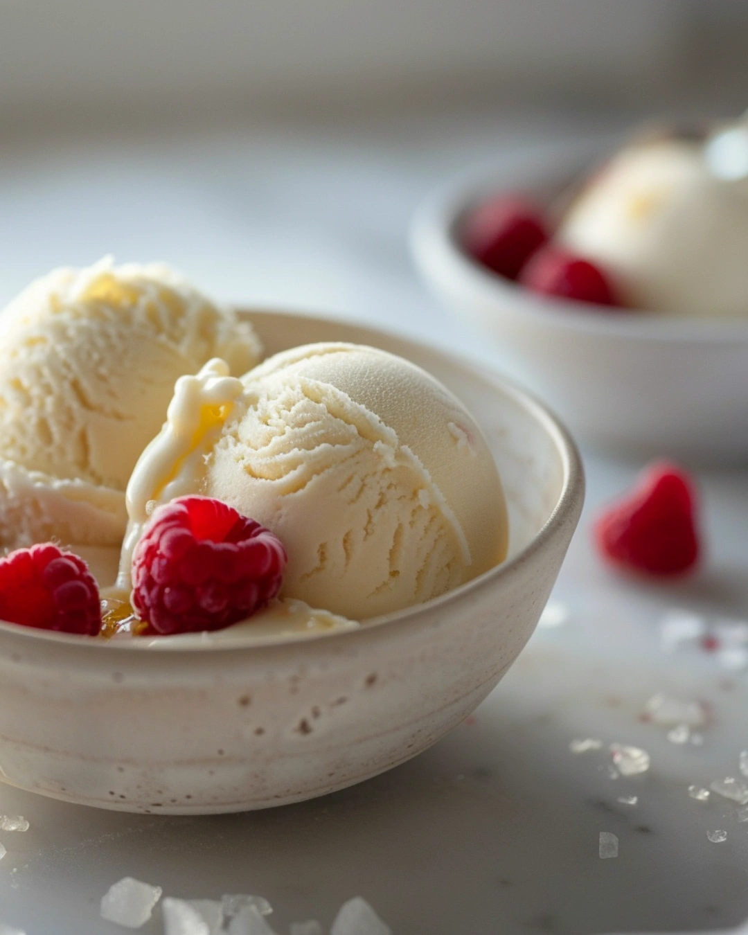 Olive Oil Ice Cream served with honey and berries
