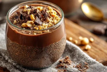 Peanut butter chocolate chia pudding in a glass jar