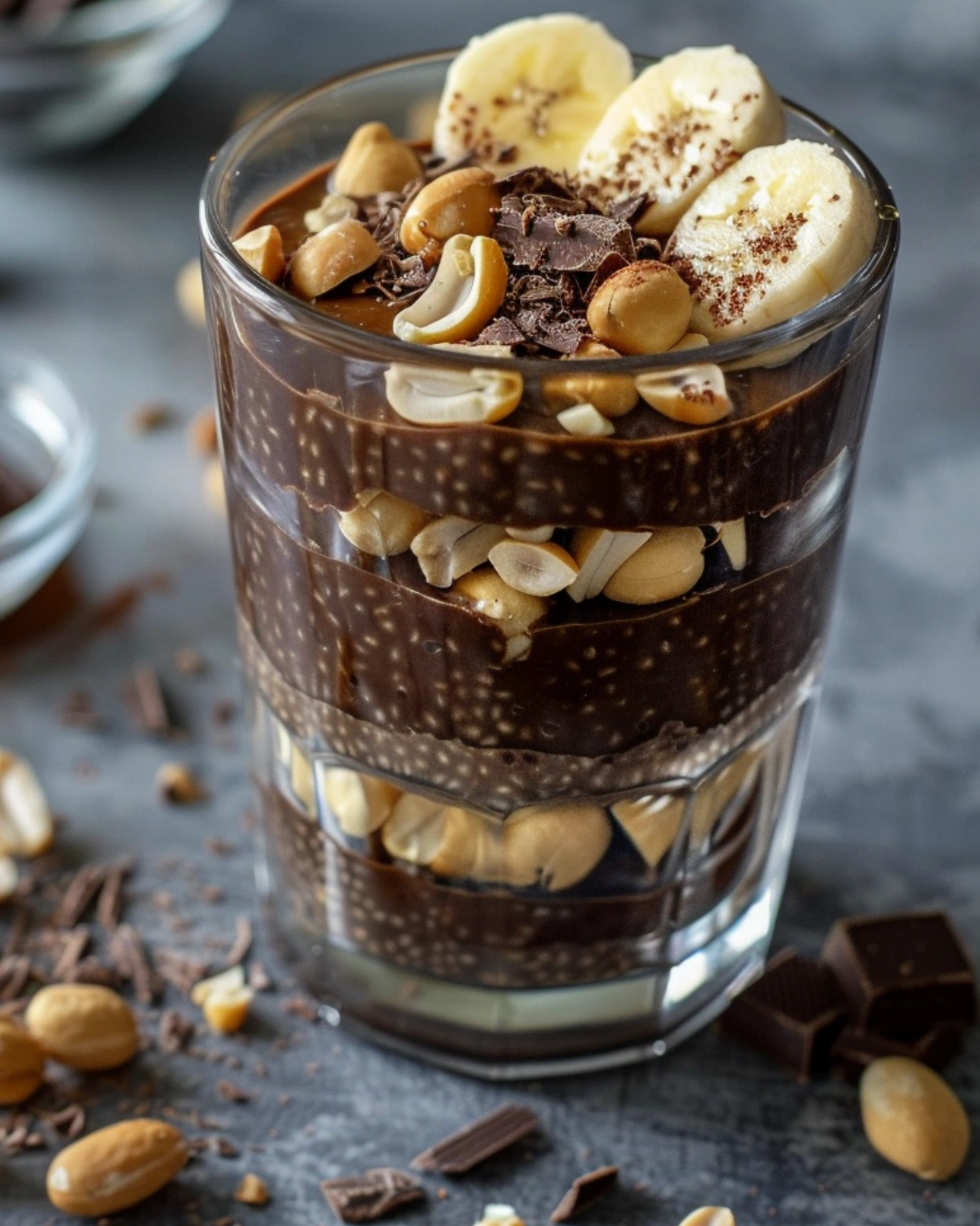 Served peanut butter chocolate chia pudding with toppings