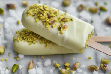 Pistachio ice cream bars with white chocolate coating