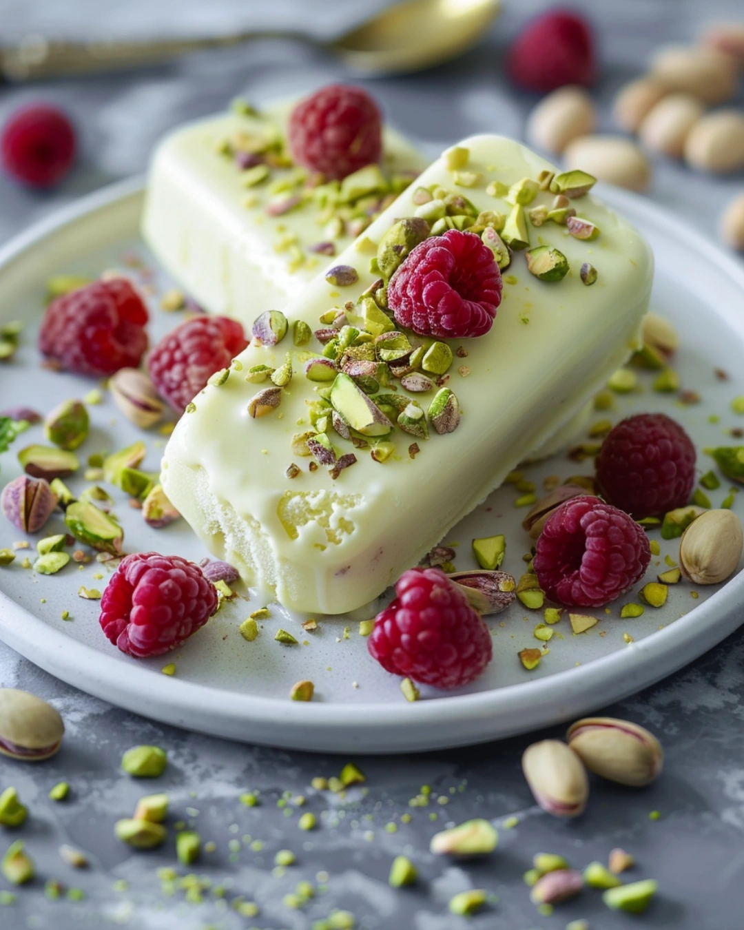 Served pistachio ice cream bars with raspberries