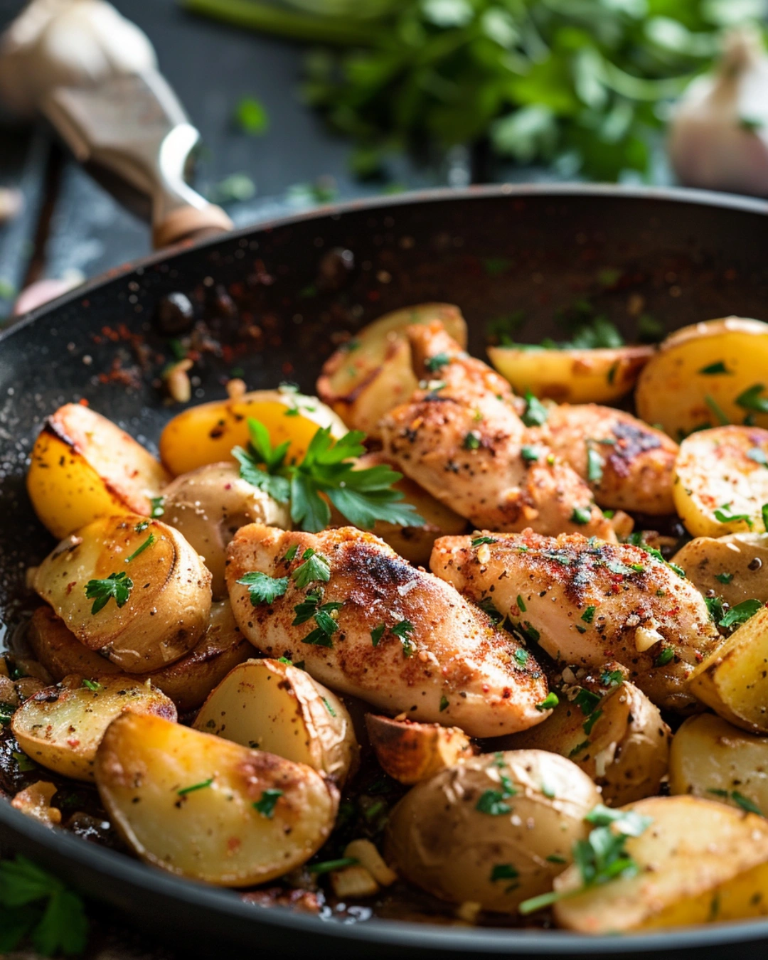 served garlic butter chicken and potato skillet meal