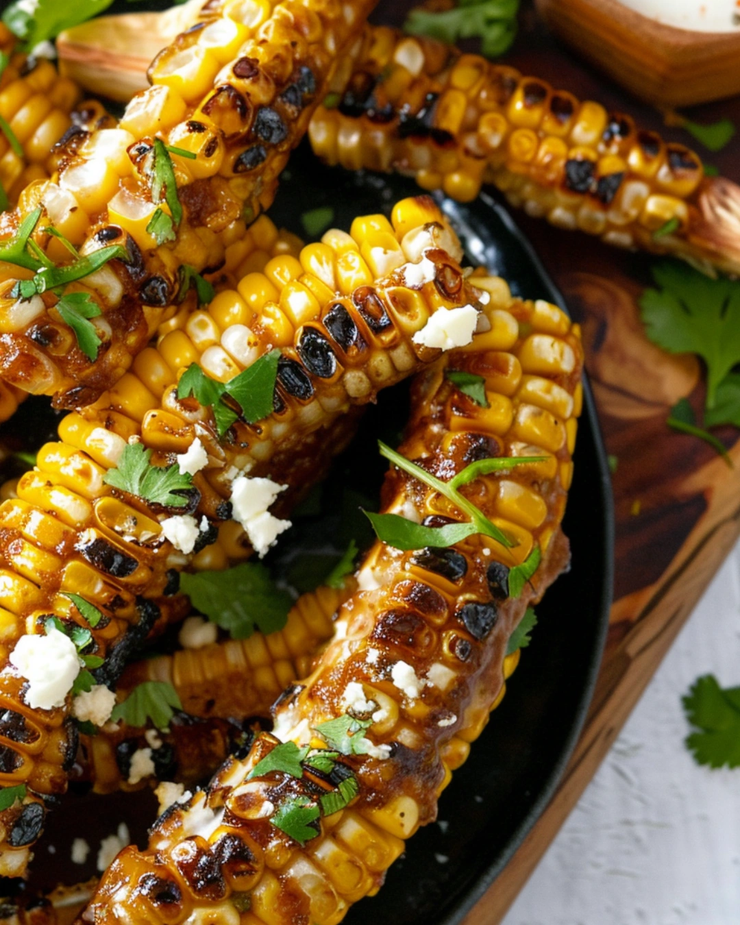 plated corn ribs with dip sauce, cilantro garnish, modern food styling