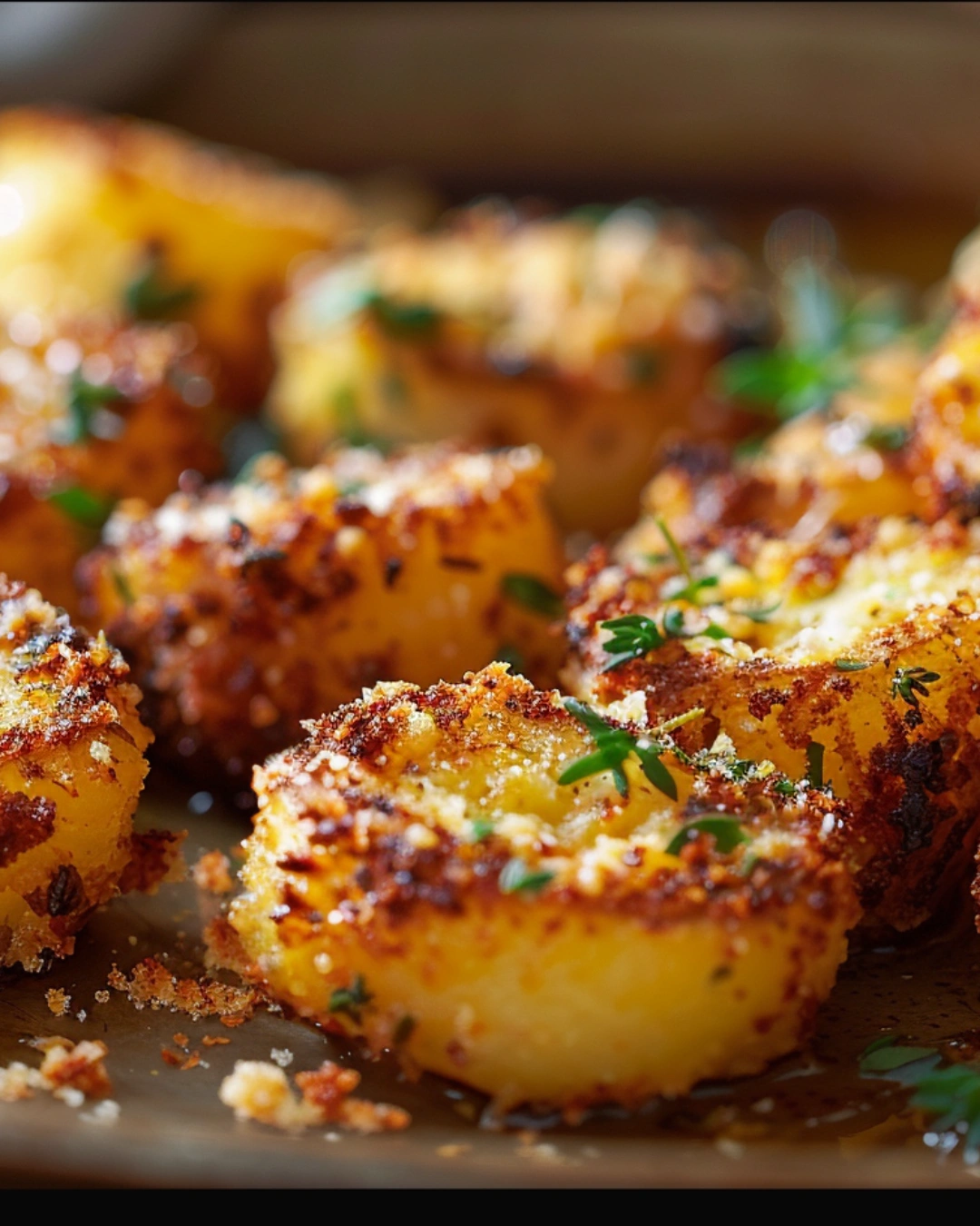 serving crispy garlic parmesan potatoes