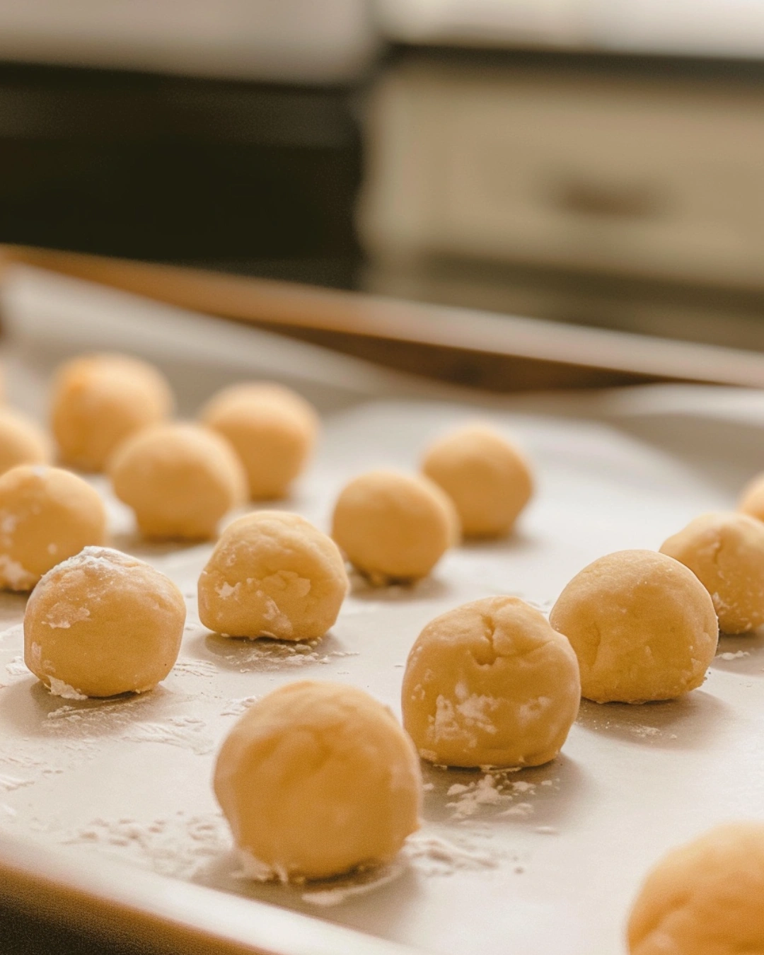 cookie dough balls on baking sheet