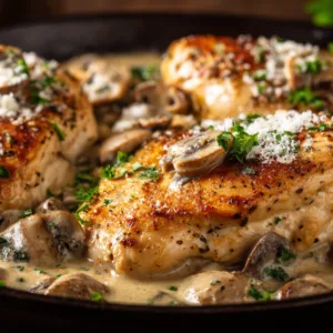 Creamy garlic parmesan mushroom chicken skillet in cast iron pan