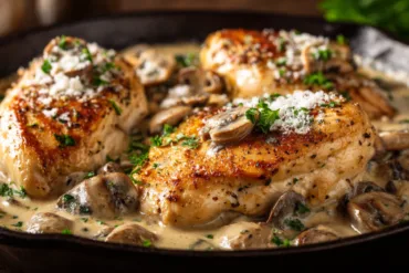 Creamy garlic parmesan mushroom chicken skillet in cast iron pan