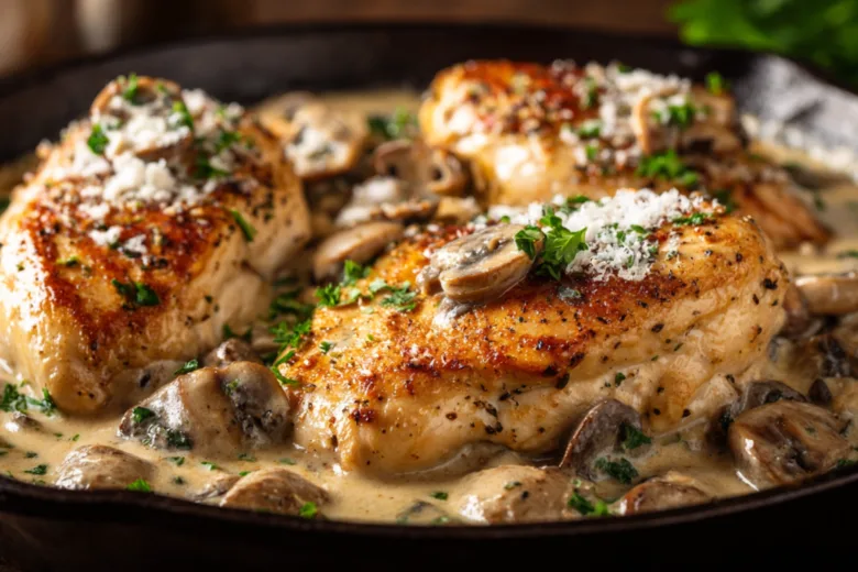 Creamy Garlic Parmesan Mushroom Chicken Skillet (Easy 25-Minute Comfort Meal) 1 Creamy garlic parmesan mushroom chicken skillet in cast iron pan