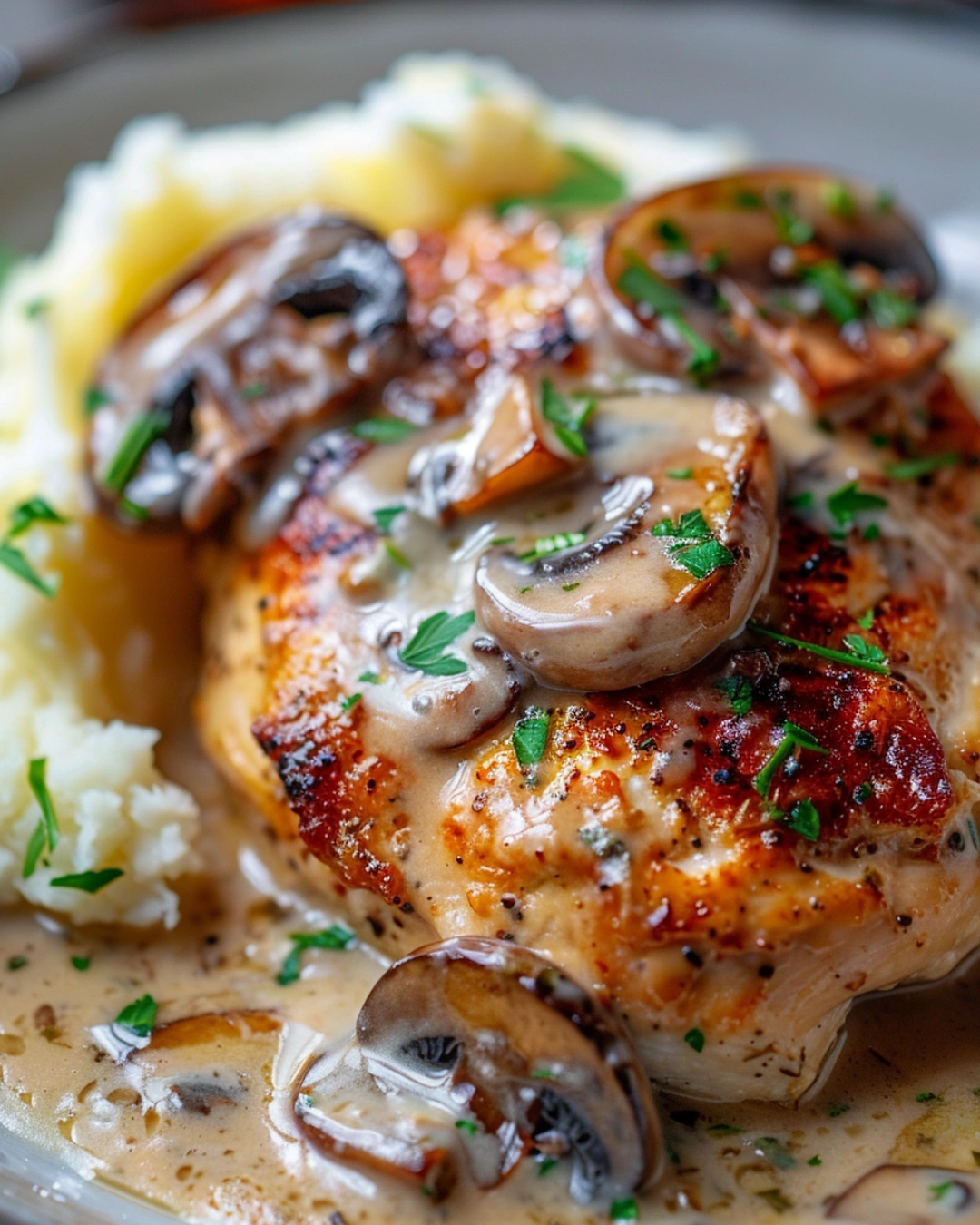 Creamy garlic parmesan chicken served with mashed potatoes