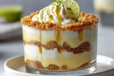 Key lime pie trifle layered dessert in glass bowl