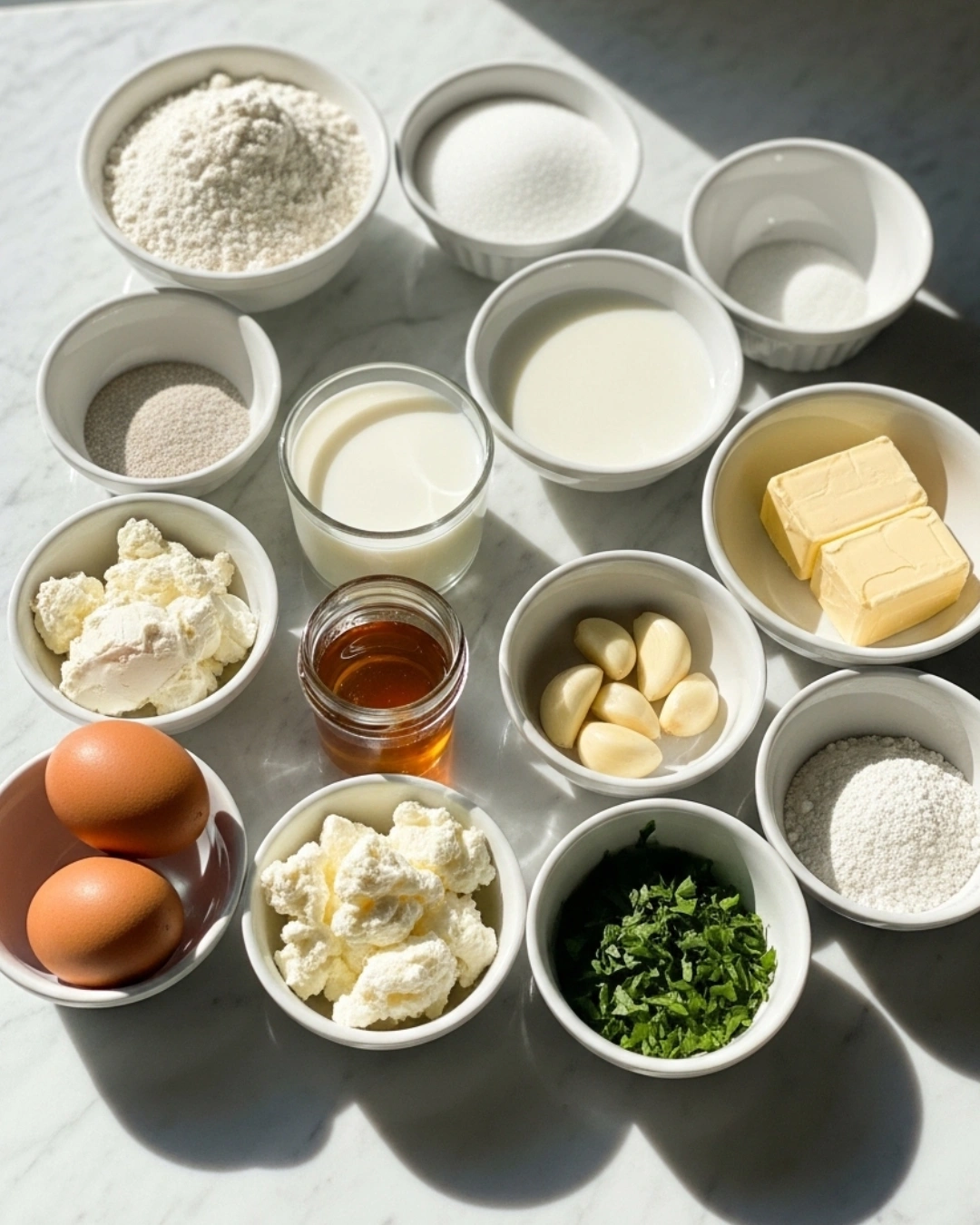 ingredients for Korean cream cheese garlic bread arranged on kitchen counter