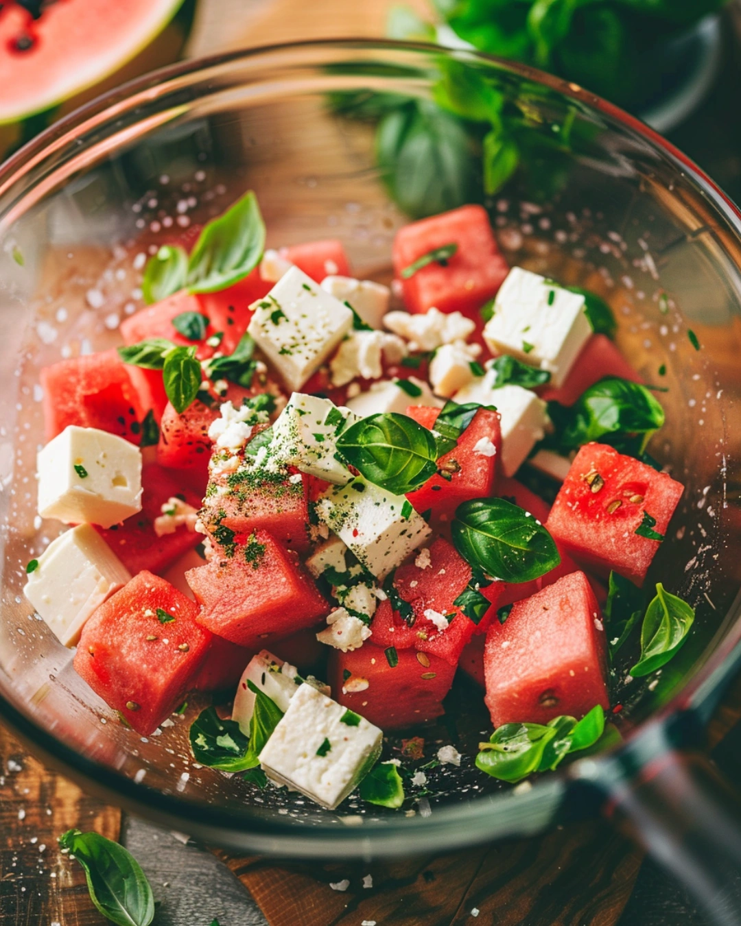 mixing watermelon feta salad in bowl fresh preparation