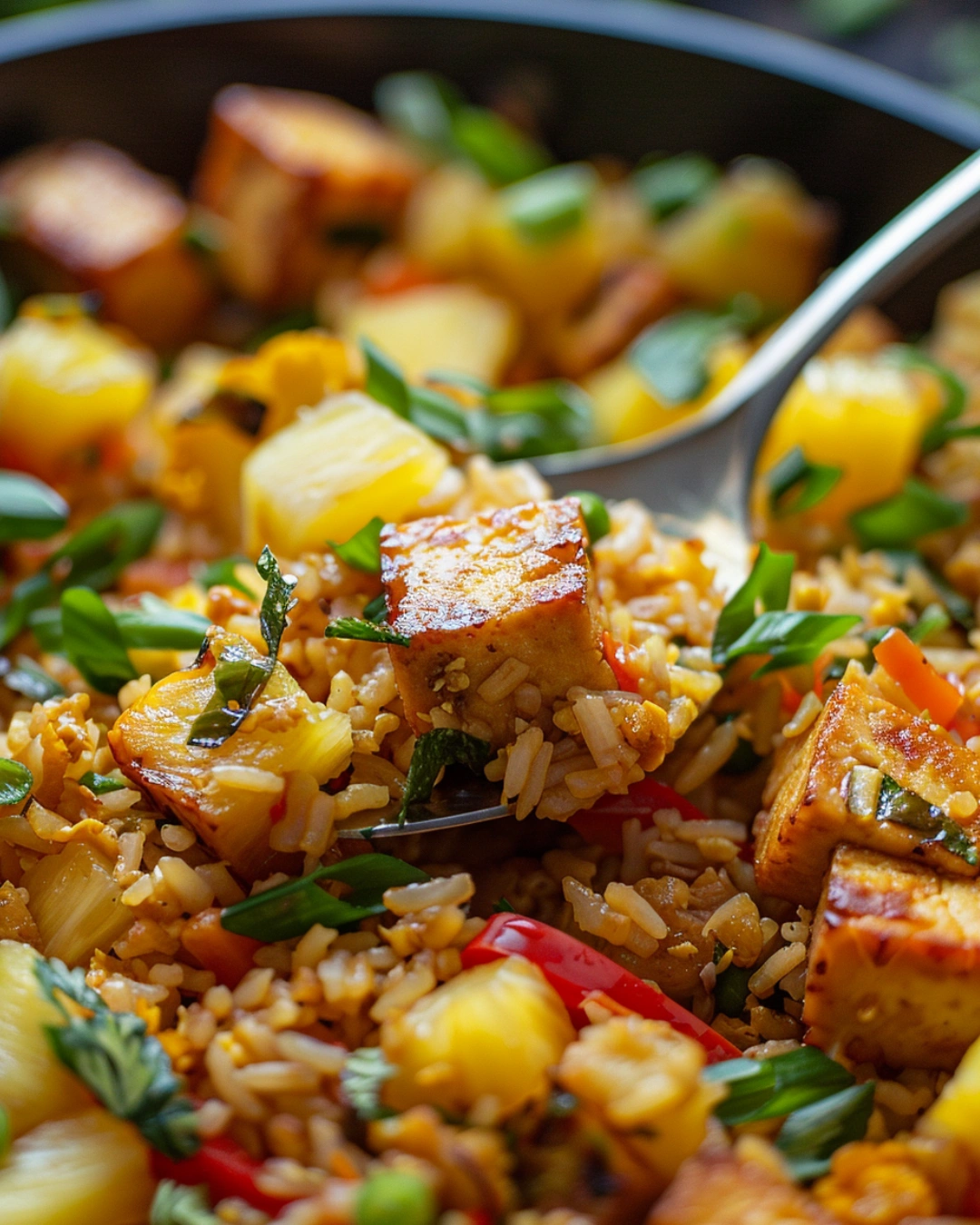 Spoon lifting vegetarian pineapple fried rice showing texture