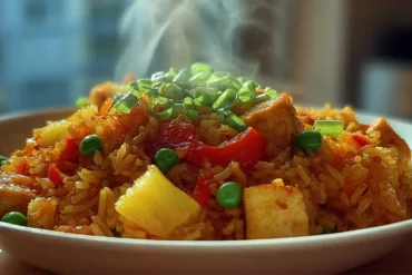 Savory vegetarian pineapple fried rice with tofu and fresh vegetables