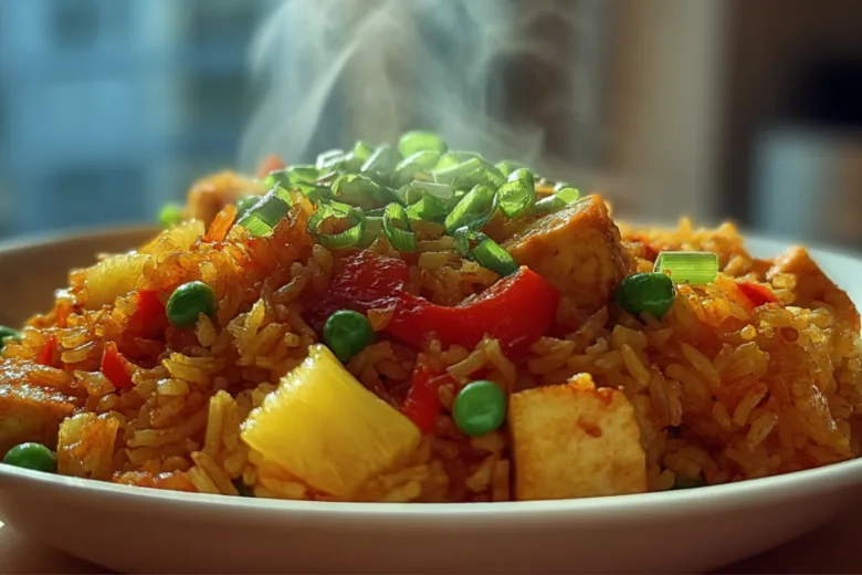 Vegetarian Pineapple Fried Rice Easy 30-Minute Delicious Recipe 2 Savory vegetarian pineapple fried rice with tofu and fresh vegetables