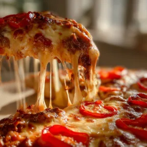Slice of Cheese Steak Pizza topped with tender beef, peppers, and melted cheese.