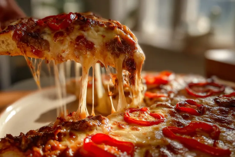 Slice of Cheese Steak Pizza topped with tender beef, peppers, and melted cheese.