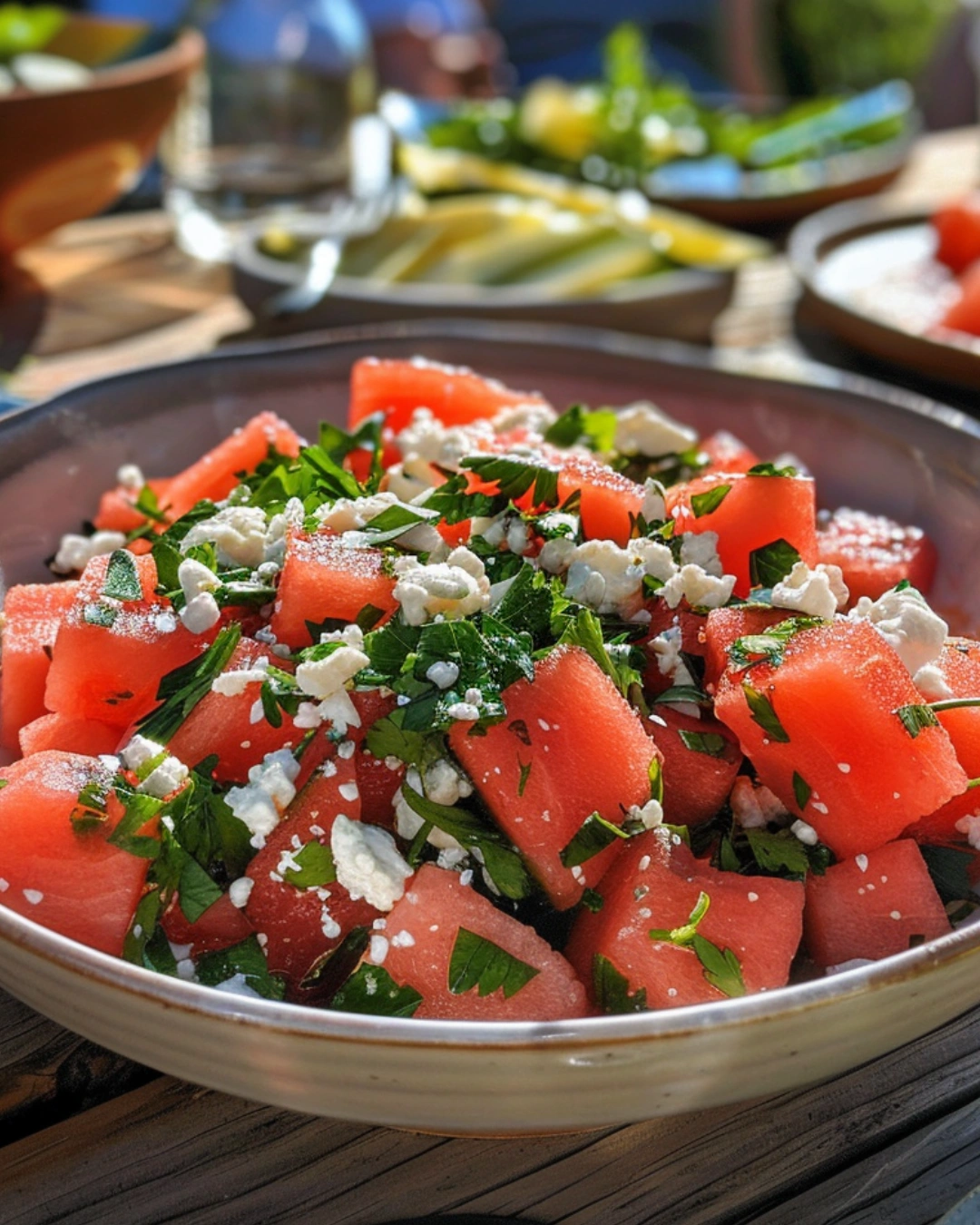 summer watermelon feta salad served on table fresh healthy dish