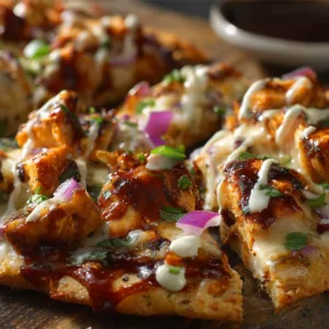 bbq chicken flatbread pizza with melted cheese and toppings