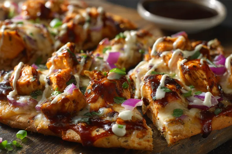 bbq chicken flatbread pizza with melted cheese and toppings