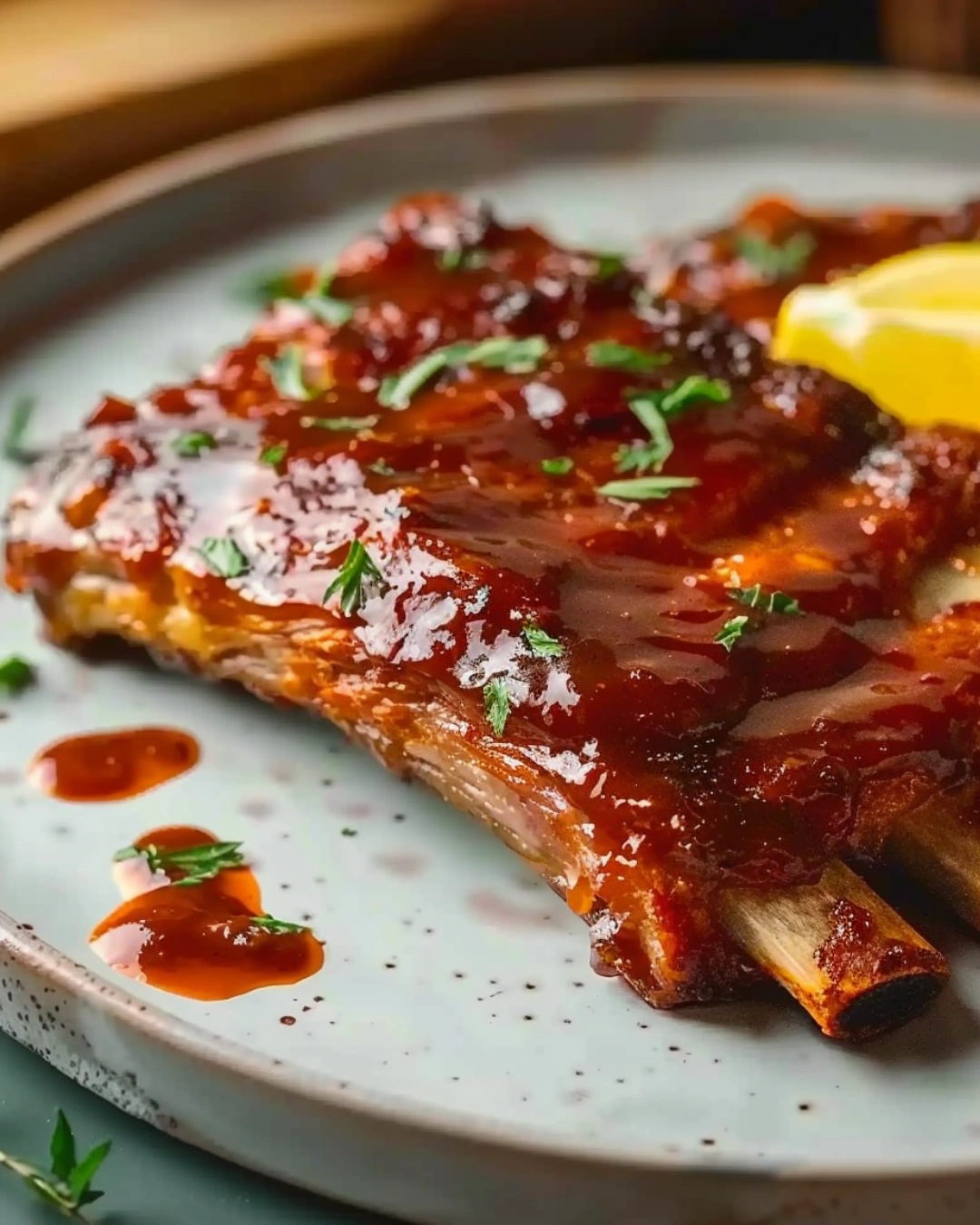 bbq ribs served with glaze and garnish
