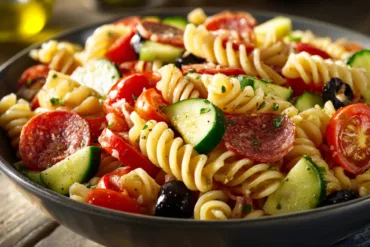 best pasta salad in bowl with fresh ingredients