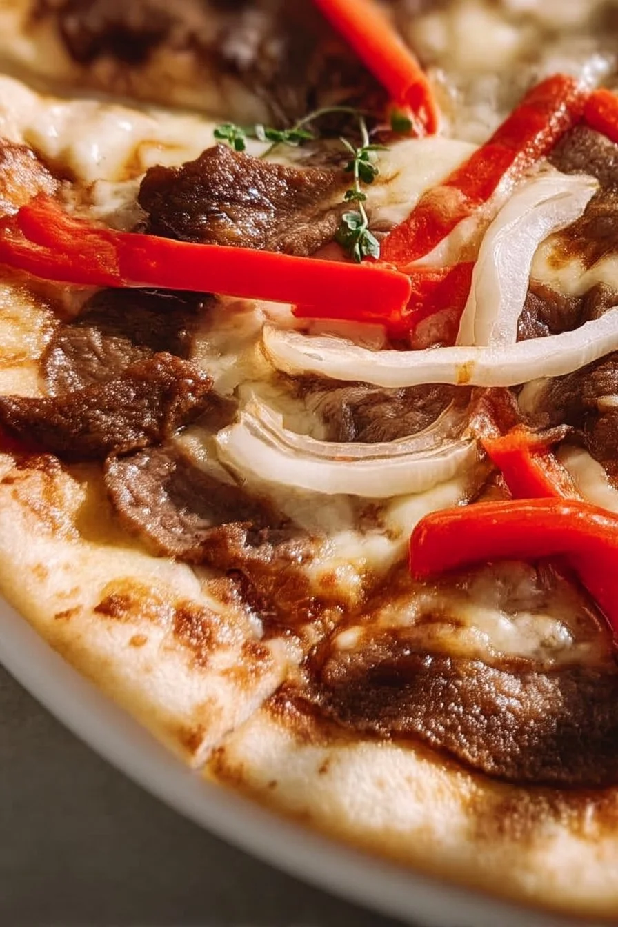 Slice of Cheese Steak Pizza topped with tender beef, peppers, and melted cheese.