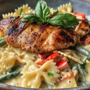 Plate of Chicken Pasta Primavera with colorful fresh vegetables.