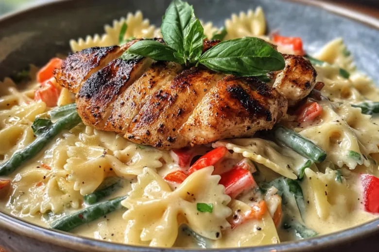Plate of Chicken Pasta Primavera with colorful fresh vegetables.