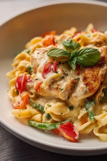 Plate of Chicken Pasta Primavera with colorful fresh vegetables.
